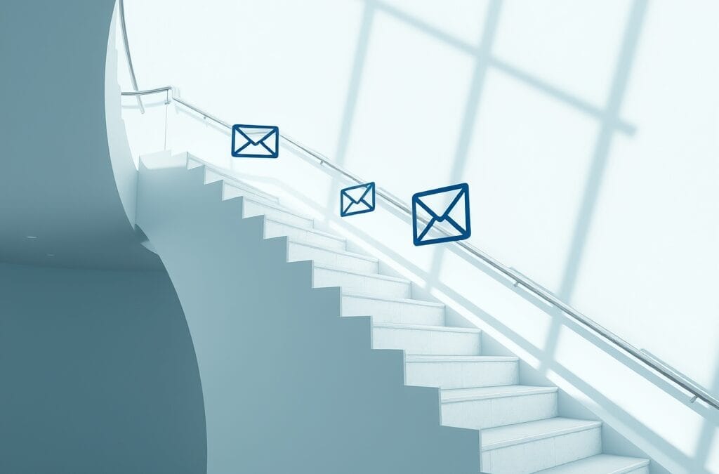 escaliers de productivité ascendants avec symboles de freelance (stylo, calc, mail, design) flottants, boussole professionnelle brillante, bleu glacier et blanc pur, cinematic editorial, no text no letters no words no writing no signs no labels no watermarks no logos no typography no numbers on surfaces