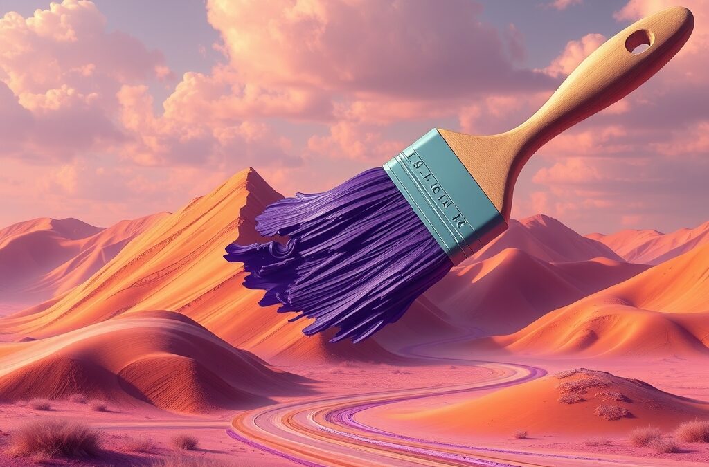 a massive paintbrush creating a cinematic landscape that transforms from paint to photorealistic 3D scene, cinematic editorial photography, warm amber and creative purple palette, no text no letters no words no writing no signs no labels no watermarks no logos no typography no numbers on surfaces