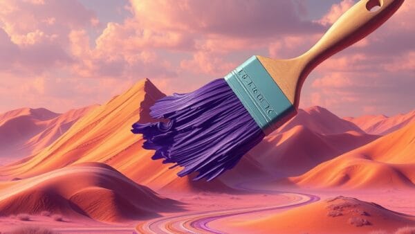 a massive paintbrush creating a cinematic landscape that transforms from paint to photorealistic 3D scene, cinematic editorial photography, warm amber and creative purple palette, no text no letters no words no writing no signs no labels no watermarks no logos no typography no numbers on surfaces