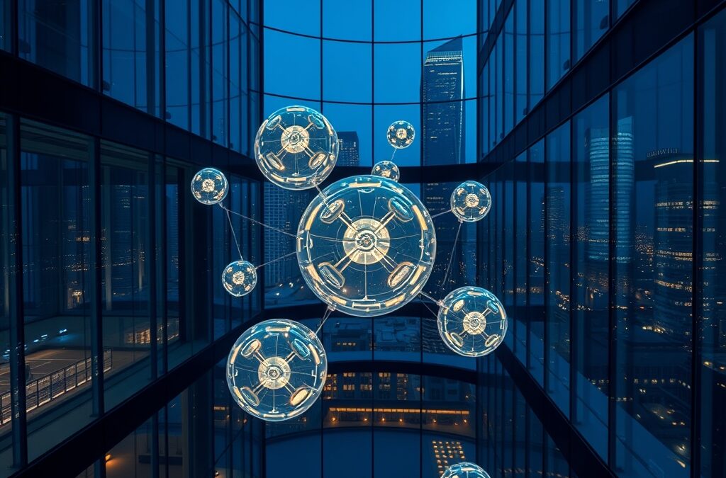 multiple autonomous glowing AI orbs working together in a modern glass office building at night with city lights, cinematic editorial photography, blue institutional and gold palette, no text no letters no words no writing no signs no labels no watermarks no logos no typography no numbers on surfaces