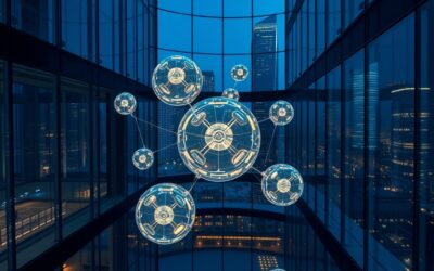 multiple autonomous glowing AI orbs working together in a modern glass office building at night with city lights, cinematic editorial photography, blue institutional and gold palette, no text no letters no words no writing no signs no labels no watermarks no logos no typography no numbers on surfaces