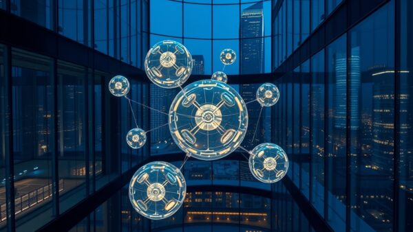 multiple autonomous glowing AI orbs working together in a modern glass office building at night with city lights, cinematic editorial photography, blue institutional and gold palette, no text no letters no words no writing no signs no labels no watermarks no logos no typography no numbers on surfaces