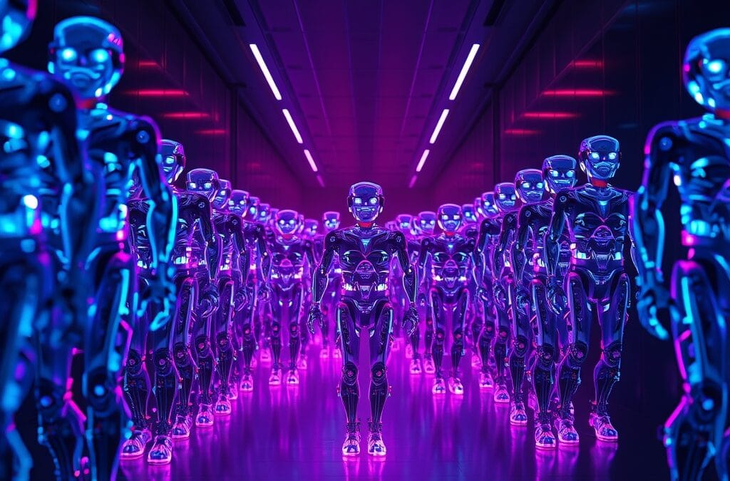 Illustration IA : armée de robots autonomes représentant le marché des agents IA