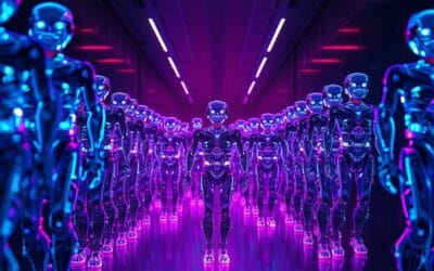 Illustration IA : armée de robots autonomes représentant le marché des agents IA