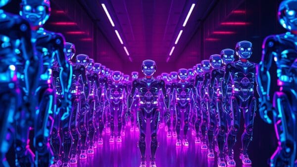 Illustration IA : armée de robots autonomes représentant le marché des agents IA