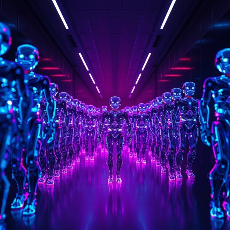 Illustration IA : armée de robots autonomes représentant le marché des agents IA