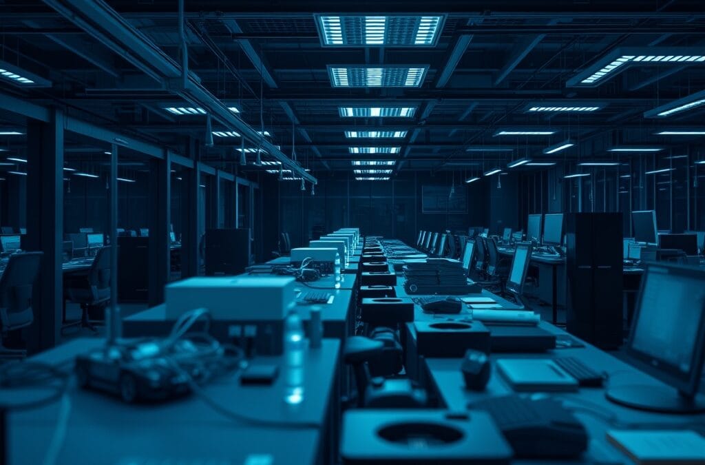 cinematic editorial dark navy blue workflow automation aesthetic, multiple agents working in parallel, business processes flowing, modern office technology environment, productive atmosphere, no text no letters no words no writing no signs no labels no watermarks no logos no typography no numbers on surfaces