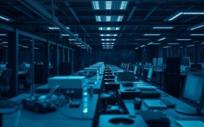 cinematic editorial dark navy blue workflow automation aesthetic, multiple agents working in parallel, business processes flowing, modern office technology environment, productive atmosphere, no text no letters no words no writing no signs no labels no watermarks no logos no typography no numbers on surfaces