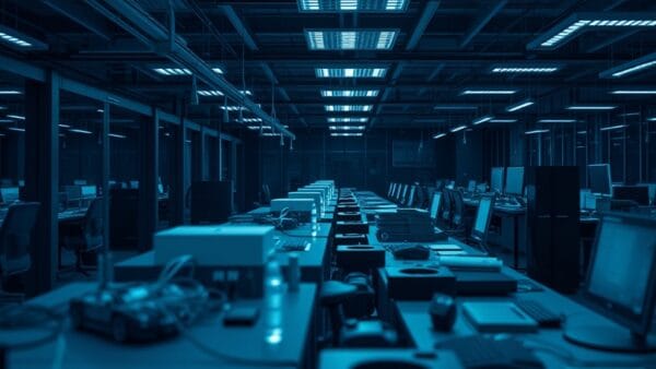 cinematic editorial dark navy blue workflow automation aesthetic, multiple agents working in parallel, business processes flowing, modern office technology environment, productive atmosphere, no text no letters no words no writing no signs no labels no watermarks no logos no typography no numbers on surfaces