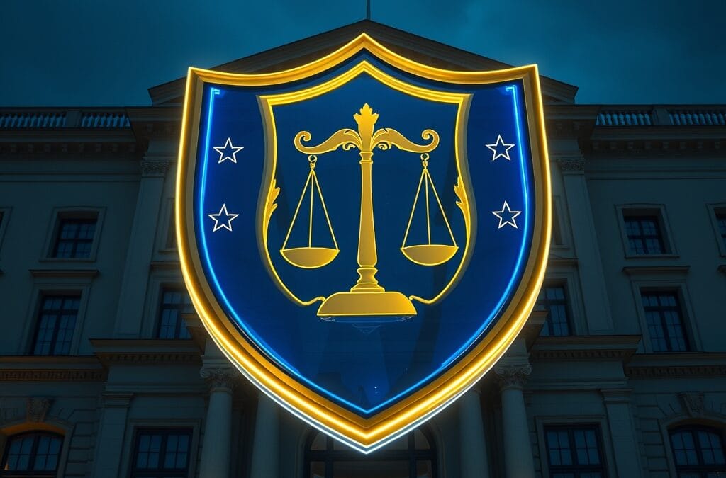 Illustration IA : bâtiment européen avec bouclier holographique symbolisant l'AI Act