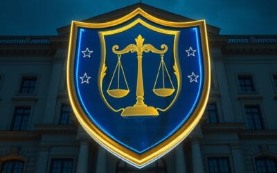 Illustration IA : bâtiment européen avec bouclier holographique symbolisant l'AI Act