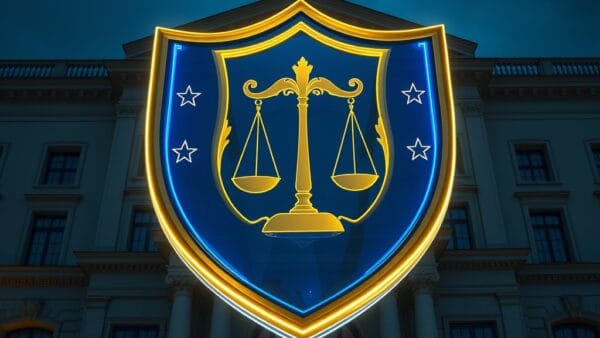 Illustration IA : bâtiment européen avec bouclier holographique symbolisant l'AI Act