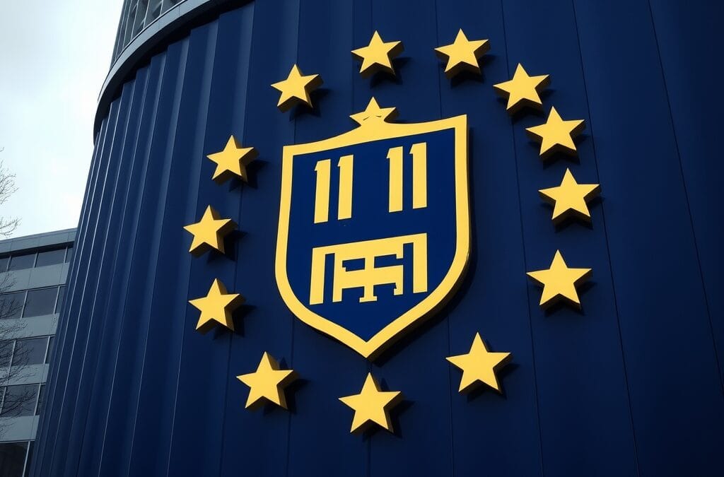 massive EU-style building facade with golden shield emblem, compliance and governance symbolism, deep navy blue atmosphere, cinematic editorial photography, no text no letters no words no writing no signs no labels no watermarks no logos no typography no numbers on surfaces