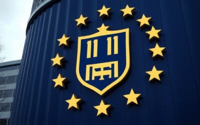 massive EU-style building facade with golden shield emblem, compliance and governance symbolism, deep navy blue atmosphere, cinematic editorial photography, no text no letters no words no writing no signs no labels no watermarks no logos no typography no numbers on surfaces