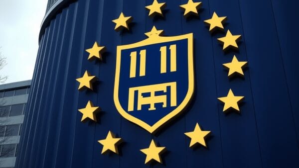 massive EU-style building facade with golden shield emblem, compliance and governance symbolism, deep navy blue atmosphere, cinematic editorial photography, no text no letters no words no writing no signs no labels no watermarks no logos no typography no numbers on surfaces