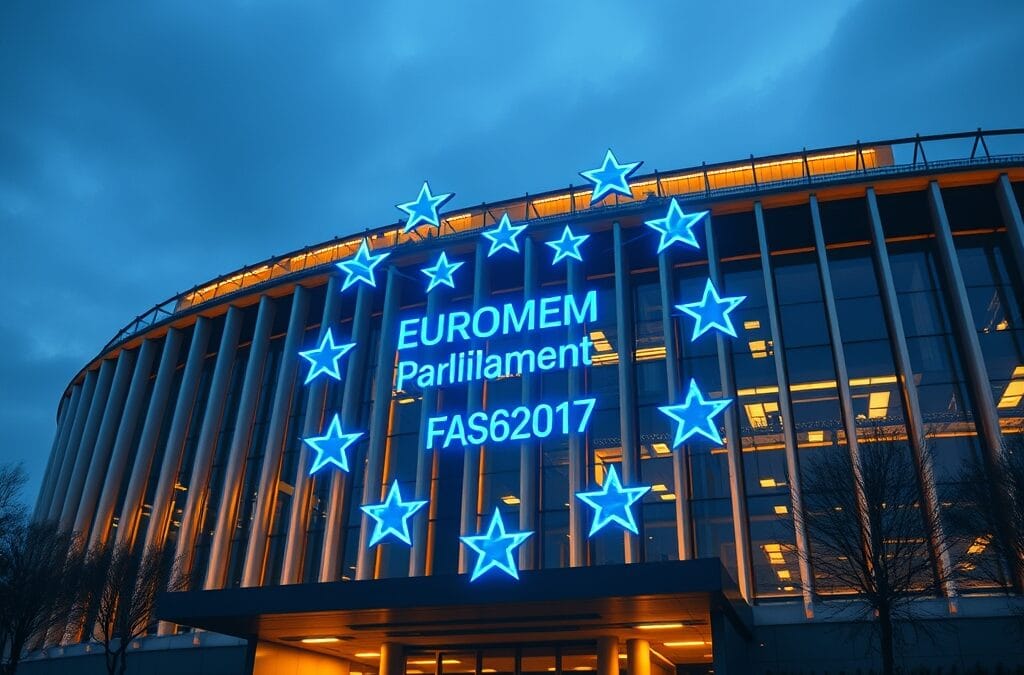 Illustration IA : Parlement européen avec réseau neuronal IA pour l'AI Act