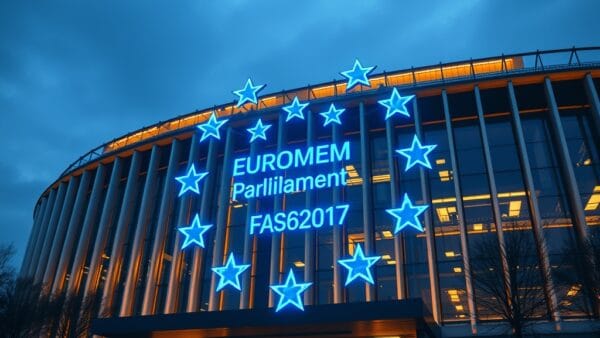 Illustration IA : Parlement européen avec réseau neuronal IA pour l'AI Act