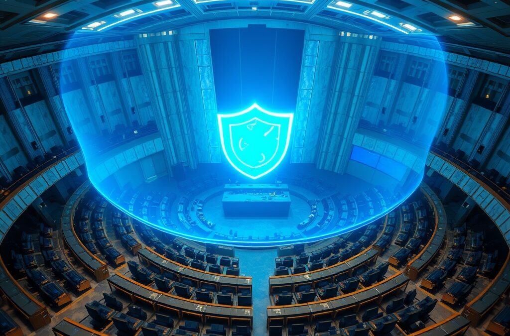 European Parliament hemicycle seen from above with a large glowing blue holographic shield floating above the seats, regulation and governance concept, institutional blue and gold color palette, dramatic overhead lighting, marble architecture with futuristic digital overlay, cinematic editorial photography, no text, no letters, no words, no writing, no signs, no labels, no watermarks, no logos, no typography, no numbers on surfaces