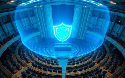 European Parliament hemicycle seen from above with a large glowing blue holographic shield floating above the seats, regulation and governance concept, institutional blue and gold color palette, dramatic overhead lighting, marble architecture with futuristic digital overlay, cinematic editorial photography, no text, no letters, no words, no writing, no signs, no labels, no watermarks, no logos, no typography, no numbers on surfaces