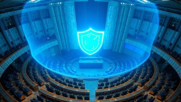 European Parliament hemicycle seen from above with a large glowing blue holographic shield floating above the seats, regulation and governance concept, institutional blue and gold color palette, dramatic overhead lighting, marble architecture with futuristic digital overlay, cinematic editorial photography, no text, no letters, no words, no writing, no signs, no labels, no watermarks, no logos, no typography, no numbers on surfaces
