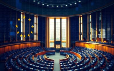 European Parliament hemicycle seen through translucent holographic legal code overlay, deep royal blue and gold accents reflecting EU institutional colors, volumetric light streaming through tall windows onto empty seats, subtle digital grid pattern merging with classical architecture, photojournalistic wide angle perspective with dramatic chiaroscuro, no text no letters no words no characters no symbols no watermark