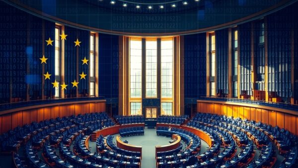 European Parliament hemicycle seen through translucent holographic legal code overlay, deep royal blue and gold accents reflecting EU institutional colors, volumetric light streaming through tall windows onto empty seats, subtle digital grid pattern merging with classical architecture, photojournalistic wide angle perspective with dramatic chiaroscuro, no text no letters no words no characters no symbols no watermark