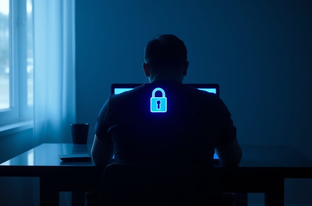 Silhouette d'une personne devant un écran avec un cadenas lumineux bleu — protection des données personnelles et vie privée avec ChatGPT