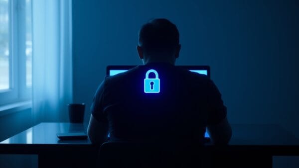 Silhouette d'une personne devant un écran avec un cadenas lumineux bleu — protection des données personnelles et vie privée avec ChatGPT