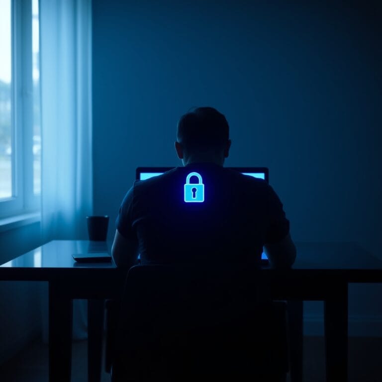 ChatGPT et vie privée : vos données sont-elles vraiment en sécurité ? 3 Silhouette d'une personne devant un écran avec un cadenas lumineux bleu — protection des données personnelles et vie privée avec ChatGPT