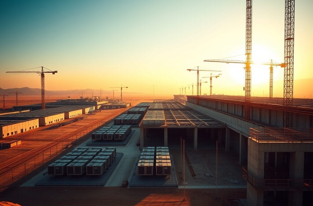 A massive concrete datacenter facility under construction in a desert landscape, construction cranes visible against a hazy golden hour sky. Rows of cooling units and steel framework stretching into the distance. Shot on 35mm lens with deep depth of field. Golden hour sunlight casting long shadows across sand and concrete. Color graded with deep navy shadows and warm amber highlights. Professional editorial photograph, photojournalism aesthetic. Subject centered in middle third of frame. No text, no letters, no words, no writing, no signs, no labels, no watermarks, no logos, no typography, no numbers on surfaces.