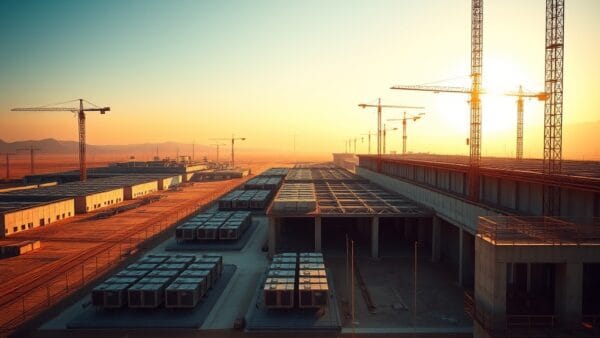 A massive concrete datacenter facility under construction in a desert landscape, construction cranes visible against a hazy golden hour sky. Rows of cooling units and steel framework stretching into the distance. Shot on 35mm lens with deep depth of field. Golden hour sunlight casting long shadows across sand and concrete. Color graded with deep navy shadows and warm amber highlights. Professional editorial photograph, photojournalism aesthetic. Subject centered in middle third of frame. No text, no letters, no words, no writing, no signs, no labels, no watermarks, no logos, no typography, no numbers on surfaces.
