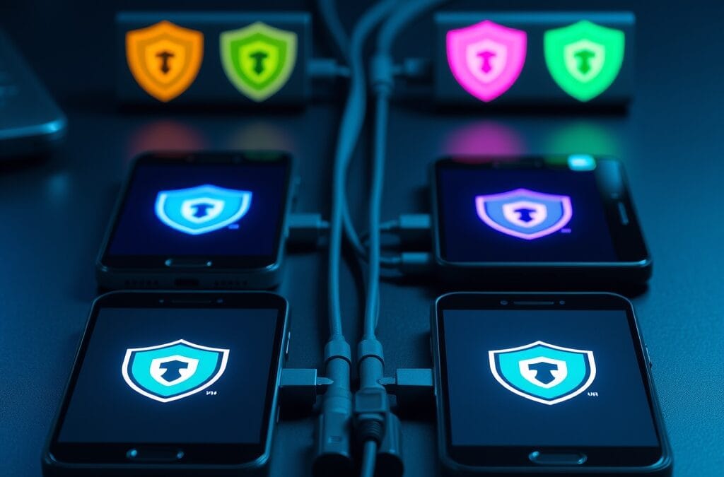 Smartphones affichant des icônes de bouclier VPN colorées sur un bureau sombre avec câbles en fibre optique — comparatif VPN pour l'IA 2026