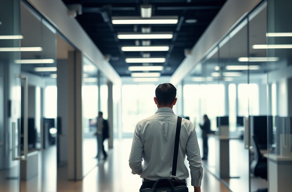 A person seen from behind walking through a modern open-plan office corridor, carrying a laptop bag. Glass partitions and workstations visible on both sides, some desks occupied with blurred silhouettes. Shot on 50mm lens with shallow depth of field. Cool overhead fluorescent lighting mixing with natural window light from the far end. Color graded with deep navy shadows and emerald accent light reflecting off glass surfaces. Professional editorial photograph, documentary aesthetic. Subject centered in middle third of frame. No text, no letters, no words, no writing, no signs, no labels, no watermarks, no logos, no typography, no numbers on surfaces.