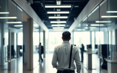 A person seen from behind walking through a modern open-plan office corridor, carrying a laptop bag. Glass partitions and workstations visible on both sides, some desks occupied with blurred silhouettes. Shot on 50mm lens with shallow depth of field. Cool overhead fluorescent lighting mixing with natural window light from the far end. Color graded with deep navy shadows and emerald accent light reflecting off glass surfaces. Professional editorial photograph, documentary aesthetic. Subject centered in middle third of frame. No text, no letters, no words, no writing, no signs, no labels, no watermarks, no logos, no typography, no numbers on surfaces.