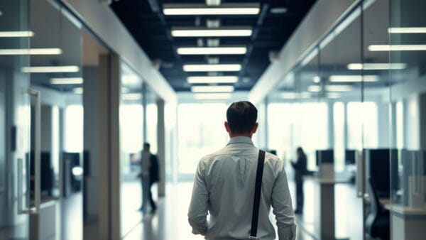 A person seen from behind walking through a modern open-plan office corridor, carrying a laptop bag. Glass partitions and workstations visible on both sides, some desks occupied with blurred silhouettes. Shot on 50mm lens with shallow depth of field. Cool overhead fluorescent lighting mixing with natural window light from the far end. Color graded with deep navy shadows and emerald accent light reflecting off glass surfaces. Professional editorial photograph, documentary aesthetic. Subject centered in middle third of frame. No text, no letters, no words, no writing, no signs, no labels, no watermarks, no logos, no typography, no numbers on surfaces.
