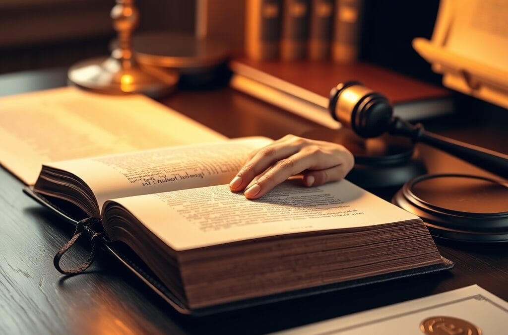 A heavy leather-bound legal book open on a dark wooden table, next to a brass gavel and a stack of official documents with embossed seals. A hand resting on the open page. Shot on 85mm lens with shallow depth of field. Warm desk lamp casting soft amber light from the left side. Color graded with deep navy shadows and rose undertones. Professional editorial photograph, documentary aesthetic. Subject centered in middle third of frame. No text, no letters, no words, no writing, no signs, no labels, no watermarks, no logos, no typography, no numbers on surfaces.