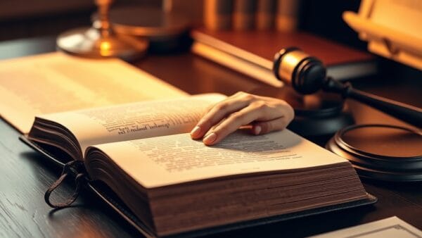 A heavy leather-bound legal book open on a dark wooden table, next to a brass gavel and a stack of official documents with embossed seals. A hand resting on the open page. Shot on 85mm lens with shallow depth of field. Warm desk lamp casting soft amber light from the left side. Color graded with deep navy shadows and rose undertones. Professional editorial photograph, documentary aesthetic. Subject centered in middle third of frame. No text, no letters, no words, no writing, no signs, no labels, no watermarks, no logos, no typography, no numbers on surfaces.