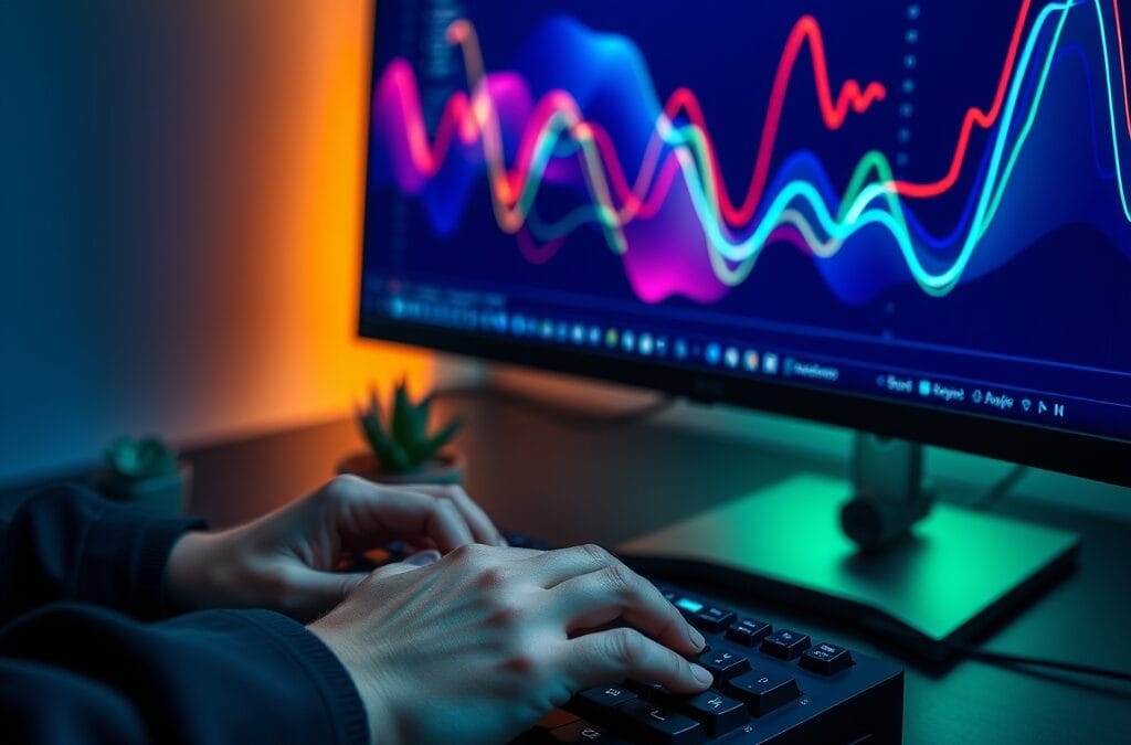 A close-up of hands typing on a mechanical keyboard, with a large ultra-wide monitor displaying colorful abstract data visualization patterns in deep navy and emerald tones. Small potted succulent plant beside the keyboard. Shot on 35mm lens with shallow depth of field. Cool overhead lighting mixing with warm monitor glow. Color graded with deep navy shadows and emerald accent light from the screen. Professional editorial photograph, product aesthetic. Subject centered in middle third of frame. No text, no letters, no words, no writing, no signs, no labels, no watermarks, no logos, no typography, no numbers on surfaces.