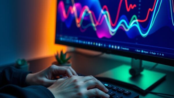 A close-up of hands typing on a mechanical keyboard, with a large ultra-wide monitor displaying colorful abstract data visualization patterns in deep navy and emerald tones. Small potted succulent plant beside the keyboard. Shot on 35mm lens with shallow depth of field. Cool overhead lighting mixing with warm monitor glow. Color graded with deep navy shadows and emerald accent light from the screen. Professional editorial photograph, product aesthetic. Subject centered in middle third of frame. No text, no letters, no words, no writing, no signs, no labels, no watermarks, no logos, no typography, no numbers on surfaces.