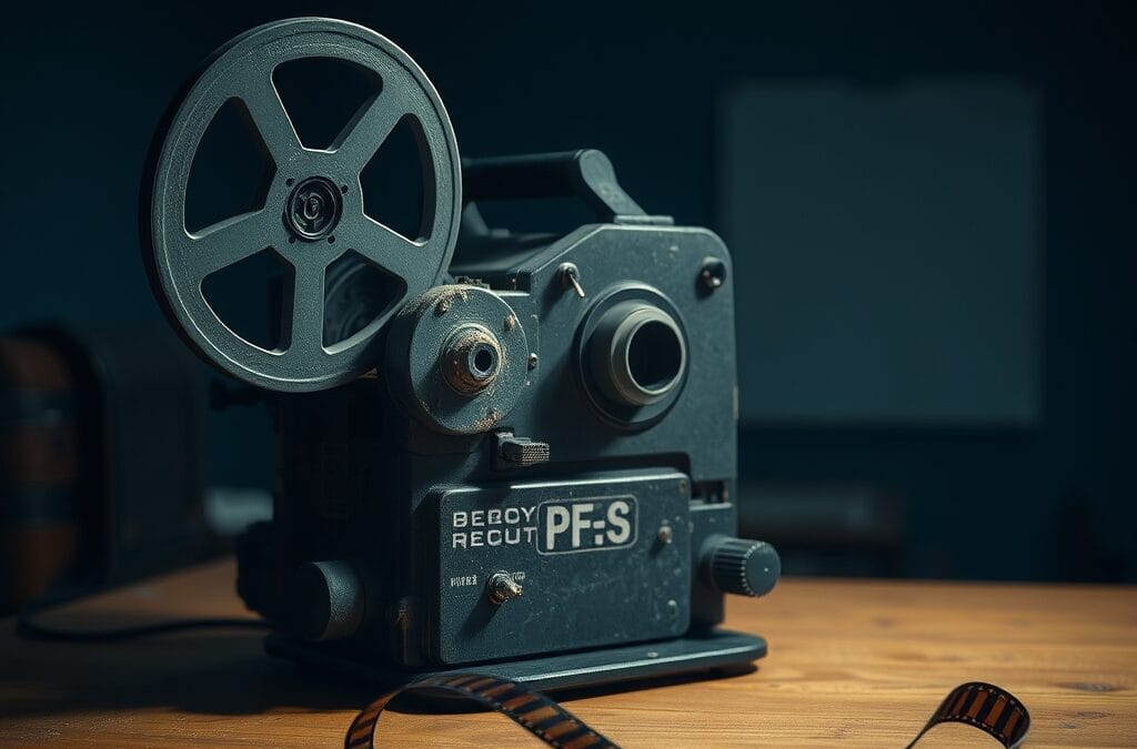 A vintage film projector sitting idle on a wooden desk, its reels motionless and dust gathering on the lens. A single strip of celluloid film curls off the table edge. Shot on 50mm lens with shallow depth of field. Cool overhead fluorescent lighting casting sharp shadows. Color graded with deep navy shadows and amber highlights. Professional editorial photograph, documentary aesthetic. Subject centered in middle third of frame. No text, no letters, no words, no writing, no signs, no labels, no watermarks, no logos, no typography, no numbers on surfaces.