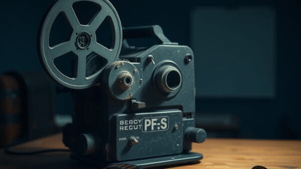 A vintage film projector sitting idle on a wooden desk, its reels motionless and dust gathering on the lens. A single strip of celluloid film curls off the table edge. Shot on 50mm lens with shallow depth of field. Cool overhead fluorescent lighting casting sharp shadows. Color graded with deep navy shadows and amber highlights. Professional editorial photograph, documentary aesthetic. Subject centered in middle third of frame. No text, no letters, no words, no writing, no signs, no labels, no watermarks, no logos, no typography, no numbers on surfaces.