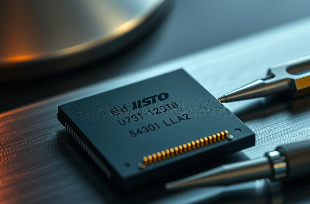 A close-up of a matte black semiconductor chip resting on a brushed aluminum surface, tiny gold pins reflecting ambient light, beside a set of precision tools. Shot on 85mm lens with shallow depth of field. Warm desk lamp illumination from the left with cool fill light from above. Color graded with deep navy shadows and emerald accent light bouncing off metallic surfaces. Professional editorial photograph, product aesthetic. Subject centered in middle third of frame. No text, no letters, no words, no writing, no signs, no labels, no watermarks, no logos, no typography, no numbers on surfaces.