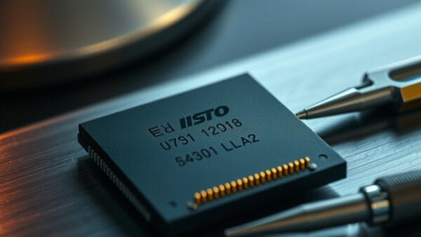 A close-up of a matte black semiconductor chip resting on a brushed aluminum surface, tiny gold pins reflecting ambient light, beside a set of precision tools. Shot on 85mm lens with shallow depth of field. Warm desk lamp illumination from the left with cool fill light from above. Color graded with deep navy shadows and emerald accent light bouncing off metallic surfaces. Professional editorial photograph, product aesthetic. Subject centered in middle third of frame. No text, no letters, no words, no writing, no signs, no labels, no watermarks, no logos, no typography, no numbers on surfaces.
