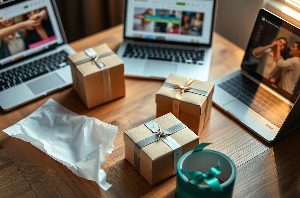 A pair of hands carefully arranging small cardboard shipping boxes on a wooden packing table, tissue paper and branded ribbon beside them, a laptop open nearby showing a colorful storefront layout. Shot on 35mm lens with deep depth of field. Natural window light streaming from the right with soft diffused warmth. Color graded with deep navy shadows and emerald accent light reflecting off the packaging tape. Professional editorial photograph, product aesthetic. Subject centered in middle third of frame. No text, no letters, no words, no writing, no signs, no labels, no watermarks, no logos, no typography, no numbers on surfaces.