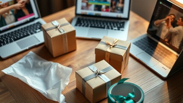 A pair of hands carefully arranging small cardboard shipping boxes on a wooden packing table, tissue paper and branded ribbon beside them, a laptop open nearby showing a colorful storefront layout. Shot on 35mm lens with deep depth of field. Natural window light streaming from the right with soft diffused warmth. Color graded with deep navy shadows and emerald accent light reflecting off the packaging tape. Professional editorial photograph, product aesthetic. Subject centered in middle third of frame. No text, no letters, no words, no writing, no signs, no labels, no watermarks, no logos, no typography, no numbers on surfaces.