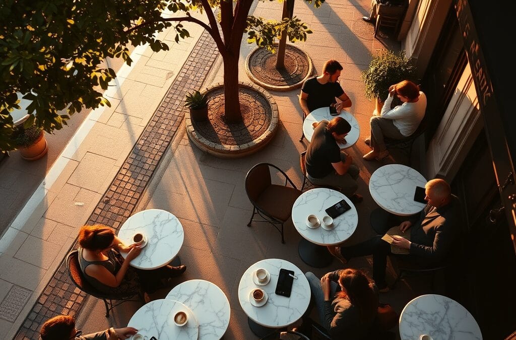 A bustling Parisian cafe terrace seen from above, several silhouettes seated at small round marble tables, each person holding a smartphone or tablet, coffee cups and croissants scattered across the tables. Shot on 35mm lens with deep depth of field. Golden hour sunlight filtering through plane trees casting dappled shadows. Color graded with deep navy shadows and rose undertones warming the stone sidewalk. Professional editorial photograph, photojournalism aesthetic. Subject centered in middle third of frame. No text, no letters, no words, no writing, no signs, no labels, no watermarks, no logos, no typography, no numbers on surfaces.