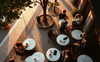 A bustling Parisian cafe terrace seen from above, several silhouettes seated at small round marble tables, each person holding a smartphone or tablet, coffee cups and croissants scattered across the tables. Shot on 35mm lens with deep depth of field. Golden hour sunlight filtering through plane trees casting dappled shadows. Color graded with deep navy shadows and rose undertones warming the stone sidewalk. Professional editorial photograph, photojournalism aesthetic. Subject centered in middle third of frame. No text, no letters, no words, no writing, no signs, no labels, no watermarks, no logos, no typography, no numbers on surfaces.