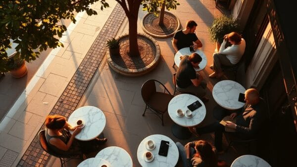 A bustling Parisian cafe terrace seen from above, several silhouettes seated at small round marble tables, each person holding a smartphone or tablet, coffee cups and croissants scattered across the tables. Shot on 35mm lens with deep depth of field. Golden hour sunlight filtering through plane trees casting dappled shadows. Color graded with deep navy shadows and rose undertones warming the stone sidewalk. Professional editorial photograph, photojournalism aesthetic. Subject centered in middle third of frame. No text, no letters, no words, no writing, no signs, no labels, no watermarks, no logos, no typography, no numbers on surfaces.