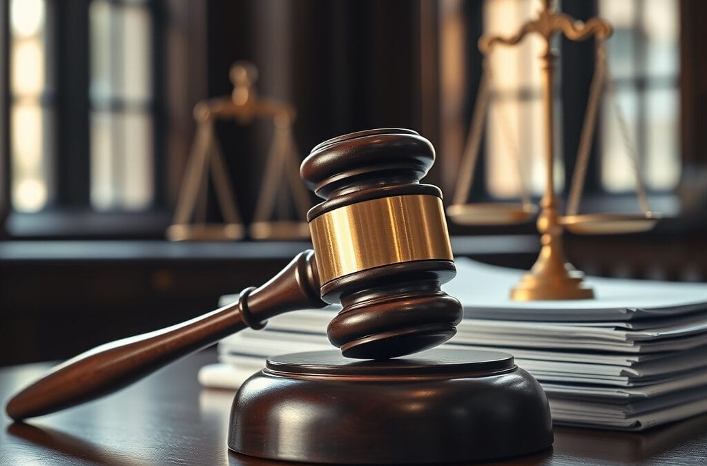 A heavy mahogany gavel resting on a polished judge bench beside a thick stack of legislative documents, a brass scale of justice slightly out of focus in the background. Shot on 85mm lens with shallow depth of field. Natural window light from tall courthouse windows creating dramatic side lighting. Color graded with deep navy shadows and amber highlights catching the wood grain. Professional editorial photograph, photojournalism aesthetic. Subject centered in middle third of frame. No text, no letters, no words, no writing, no signs, no labels, no watermarks, no logos, no typography, no numbers on surfaces.