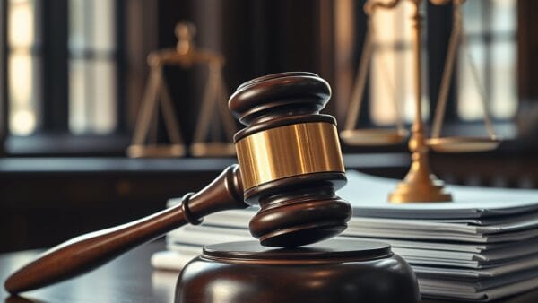 A heavy mahogany gavel resting on a polished judge bench beside a thick stack of legislative documents, a brass scale of justice slightly out of focus in the background. Shot on 85mm lens with shallow depth of field. Natural window light from tall courthouse windows creating dramatic side lighting. Color graded with deep navy shadows and amber highlights catching the wood grain. Professional editorial photograph, photojournalism aesthetic. Subject centered in middle third of frame. No text, no letters, no words, no writing, no signs, no labels, no watermarks, no logos, no typography, no numbers on surfaces.